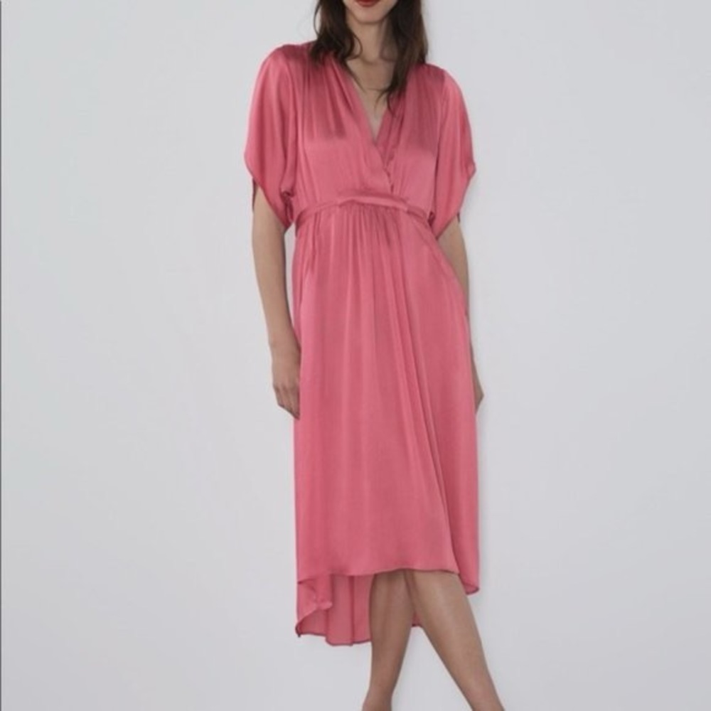 Zara Coral/Pink Asymmetrical Tiered Midi Dress